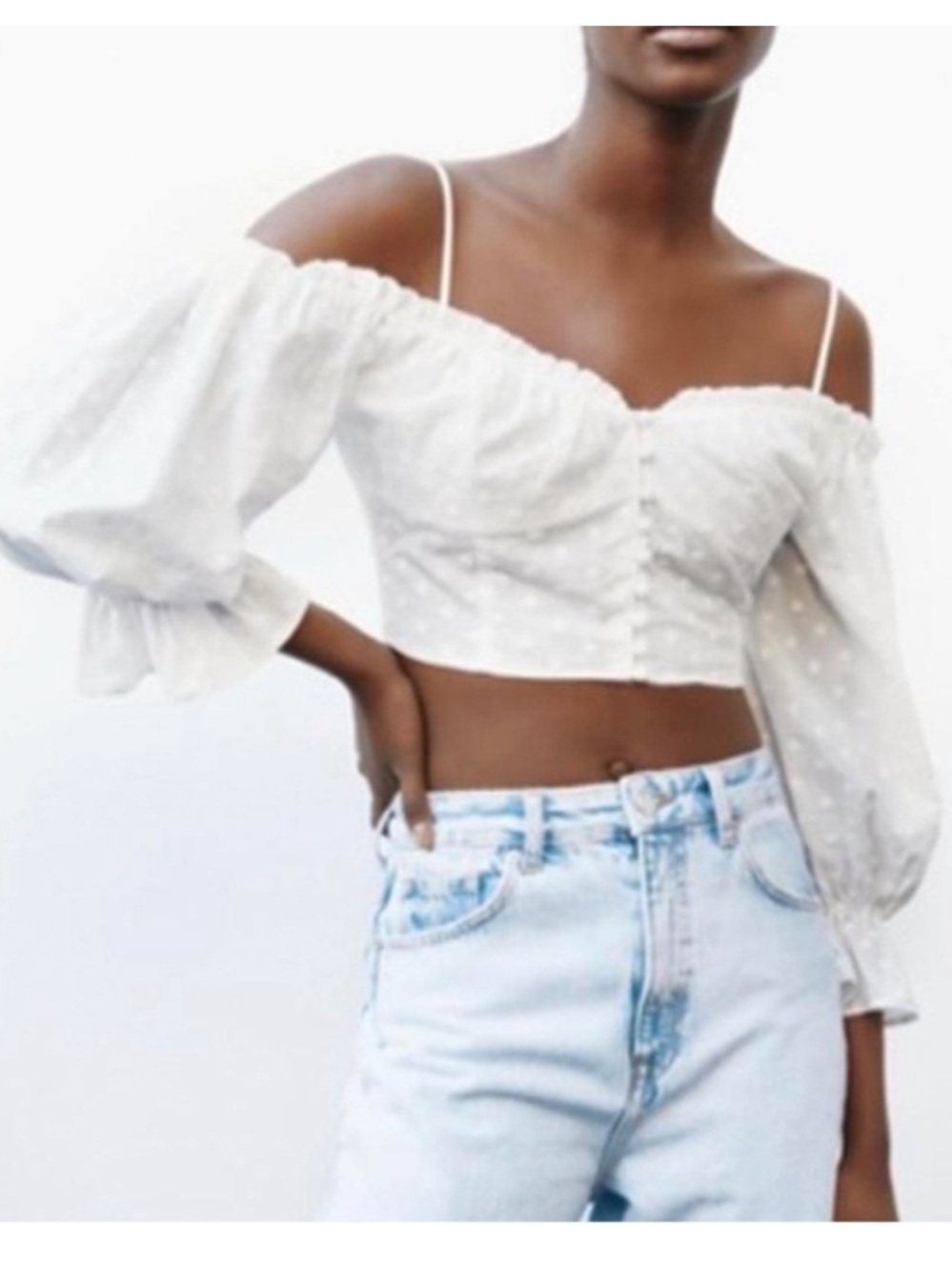 Zara sheer long-sleeve crop top polka dot boho Sz S